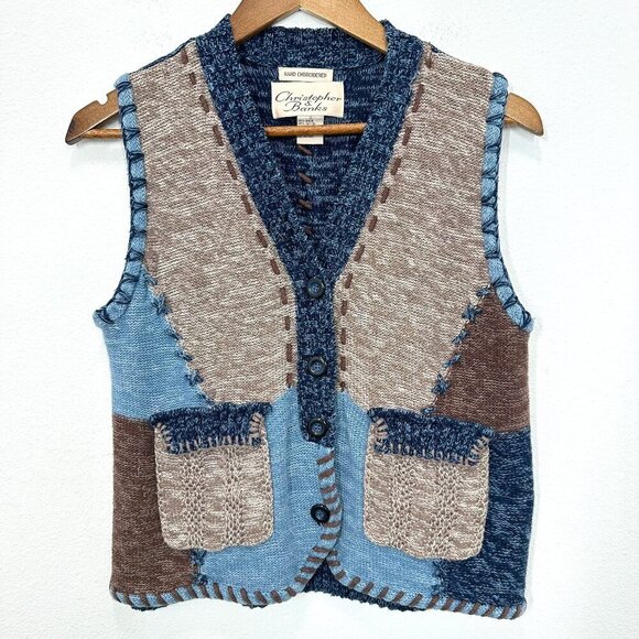 Vintage Hand Embroidered Christopher & Banks Blue Brown Patchwork Vest Size S - Picture 1 of 6